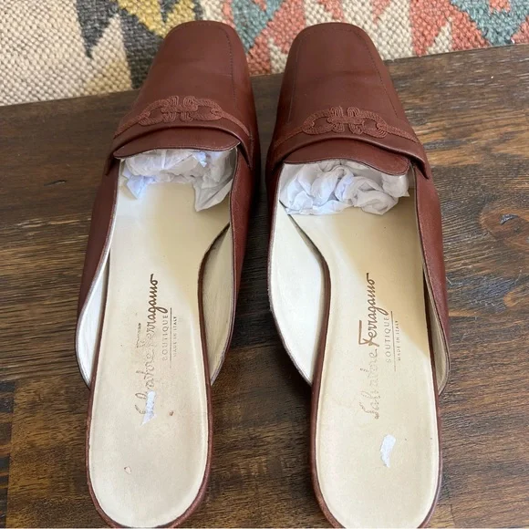 Salvatore Ferragamo Brown CalfLeather Gancini Embroidered Mules Size 10 B